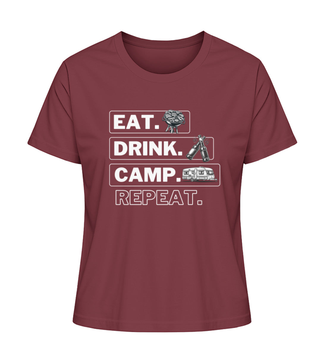 Camping Kreislauf Damen Organic Wohnwagen T-Shirt in Burgundy