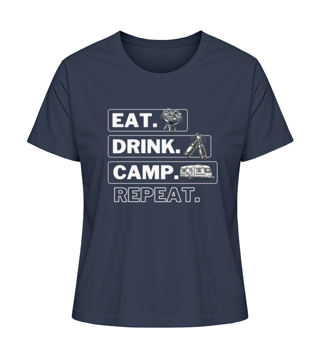 Camping Kreislauf Damen Organic Wohnwagen T-Shirt in French Navy