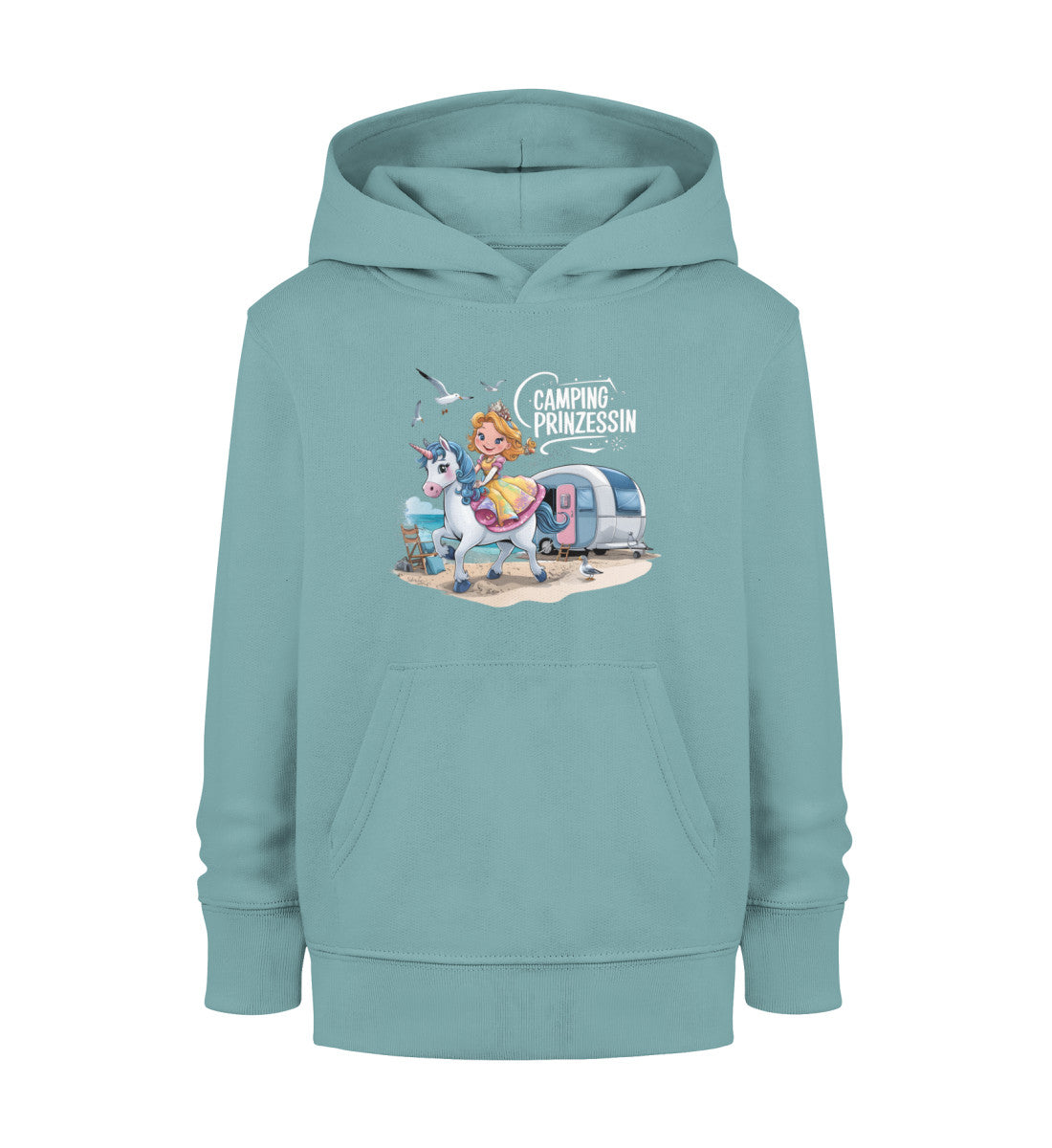 Camping Prinzessin Kinder Organic Hoodie in Teal Monstera