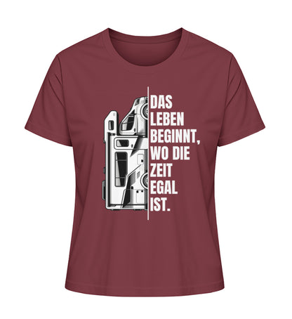 Camping ist Zeitlos Damen Wohnmobil T-Shirt in Burgundy