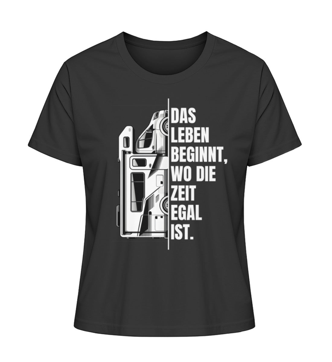 Camping ist Zeitlos Damen Wohnmobil T-Shirt in Schwarz